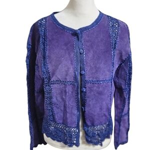 Vintage SMH Genuine Suede Leather and Crochet Boho Blazer Jacket.Purple/Blue.SM